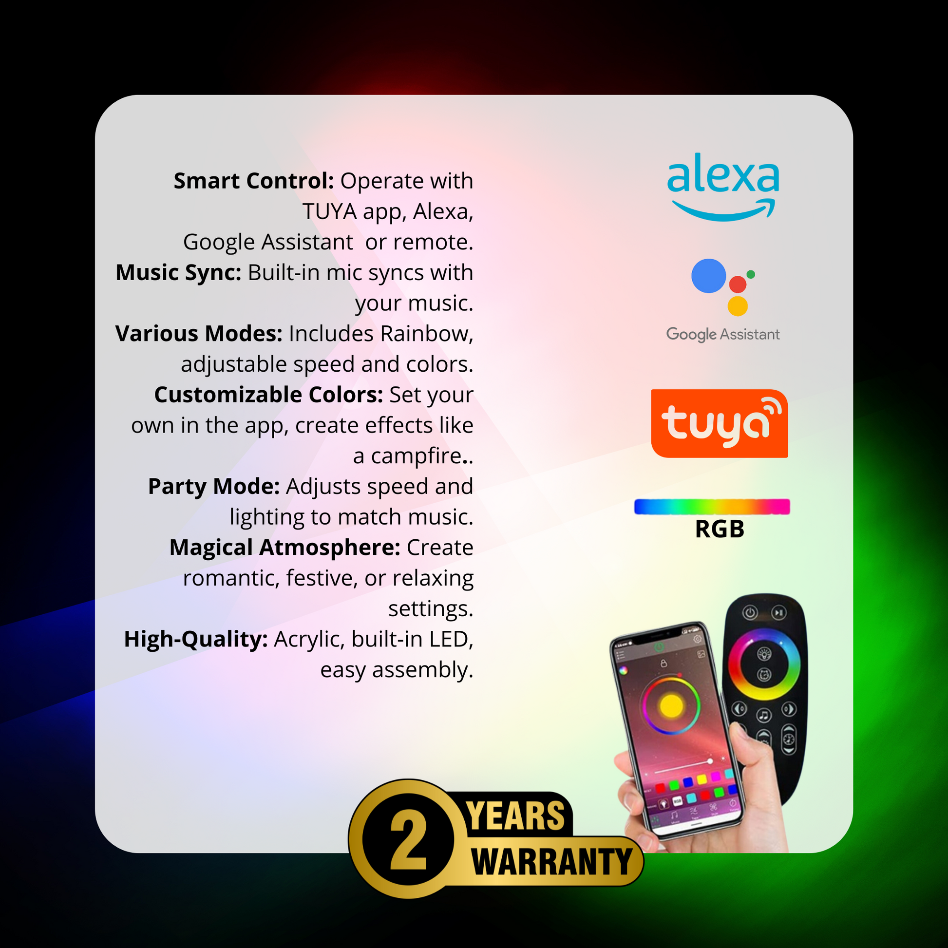 A product features summary for the Lumishine CyberTower™ Smart LED Table Lamp, showcasing its key attributes on a light gradient background.  Smart Control: Operate with TUYA app, Alexa, Google Assistant, or remote. Music Sync: Built-in mic syncs with your music. Various Modes: Includes Rainbow, adjustable speed, and colors. Customizable Colors: Set your own in the app, create effects like a campfire. Party Mode: Adjusts speed and lighting to match music. Magical Atmosphere: Create romantic, festive, or rel