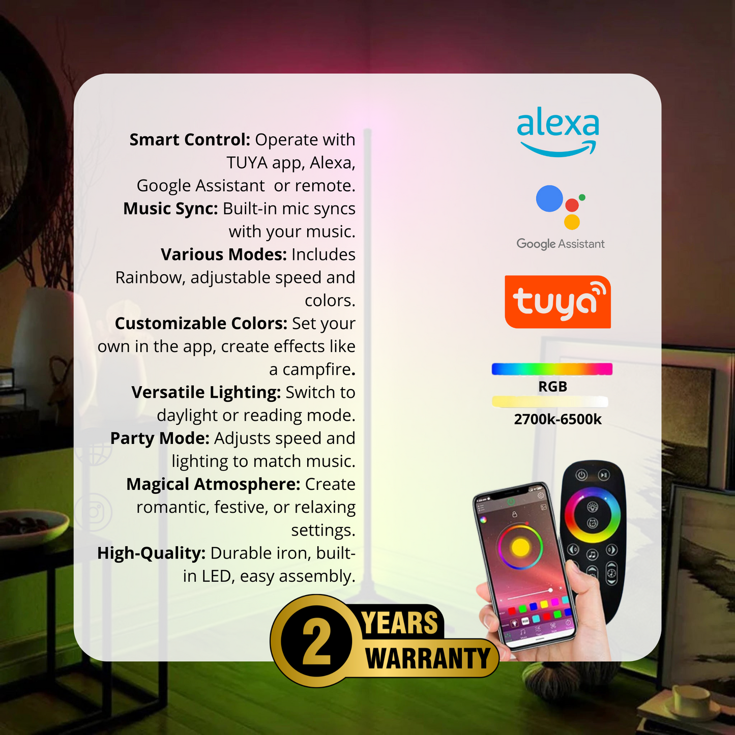 Product features summary for the Lumishine CyberTower™ Smart LED Floor Lamp, displayed on a gradient background. The left side of the image features a photo of the lamp in a cozy room setting, emitting vibrant pink and green light.  Smart Control: Operate with TUYA app, Alexa, Google Assistant, or remote. Music Sync: Built-in mic syncs with your music. Various Modes: Includes Rainbow, adjustable speed, and colors. Customizable Colors: Set your own in the app, create effects like a campfire. Versatile Lighti