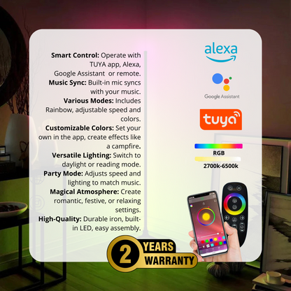 Product features summary for the Lumishine CyberTower™ Smart LED Floor Lamp, displayed on a gradient background. The left side of the image features a photo of the lamp in a cozy room setting, emitting vibrant pink and green light.  Smart Control: Operate with TUYA app, Alexa, Google Assistant, or remote. Music Sync: Built-in mic syncs with your music. Various Modes: Includes Rainbow, adjustable speed, and colors. Customizable Colors: Set your own in the app, create effects like a campfire. Versatile Lighti